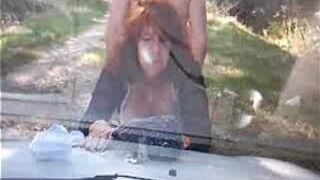 Busty cheating wife gets out of the car and sucks cock - porn video
