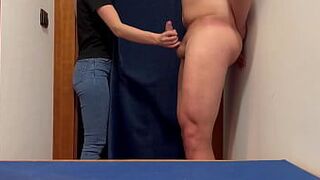 I jerk off in the fitting room of the clothing store and call the working girl to help me finish cumming while jerking off - porn video